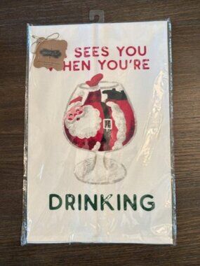 Mud Pie "HE SEES YOU WHEN YOU'RE DRINKING" Christmas Hand Dish Bar Towel New